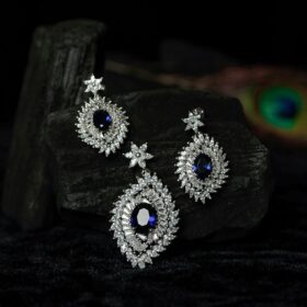 Blue Gemstone Studded Silver Pendant With Earrings