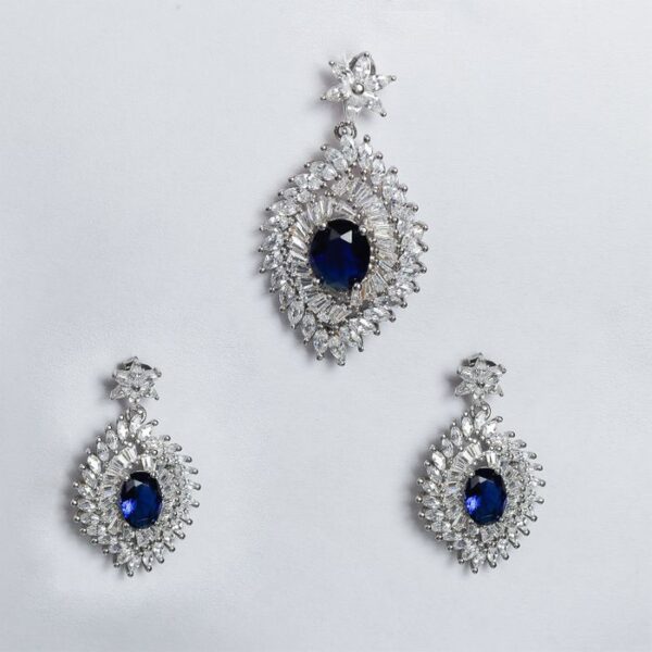 Blue Gemstone Studded Silver Pendant With Earrings
