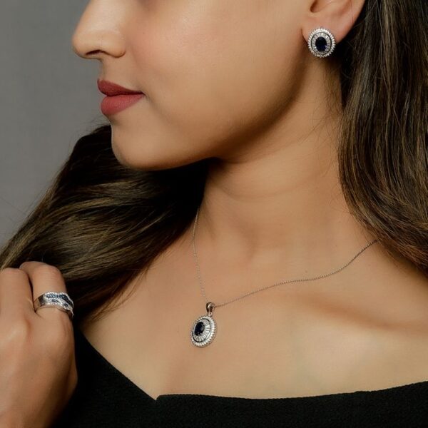 Blue Stone Sterling Silver Pendant With Earrings