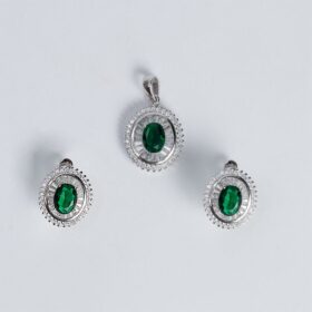 Green Gemstone Studded Silver Pendant with Earrings