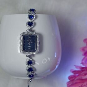 Heart Designed Blue Gems Studded Silver Watch
