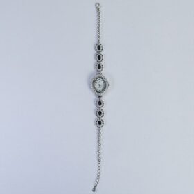Oval shaped Black Gems Studded Silver Watch
