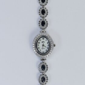 Oval shaped Black Gems Studded Silver Watch