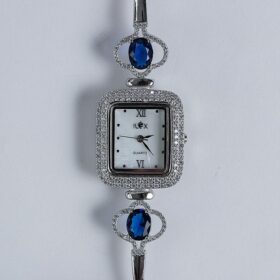 Rectangle Shaped Blue Gems Studded Silver Watch