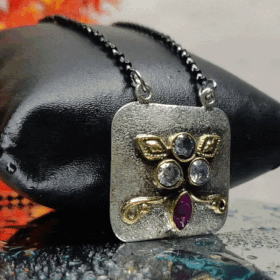 Square Shaped Purple Gemstone Studded Silver Mangalsutra