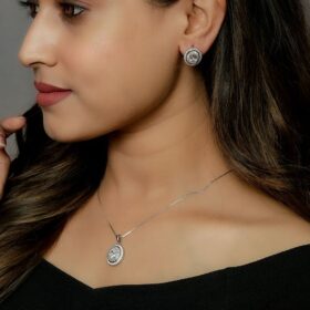 White Stone Studded Silver Pendant With Earrings