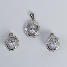 White Stone Studded Silver Pendant With Earrings