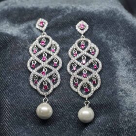 Silver water-Drop pearl long earrings with pink stone