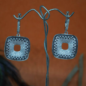 Silver Sqaure shaped earrings with black stones